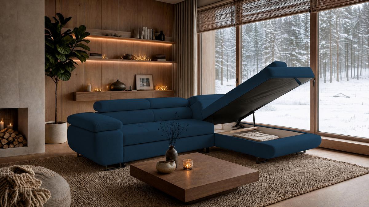 ECKSOFA Velmo mit Bettkasten und Schlaffunktion, verstellbaren Kopfstützen, in L-Form - Blau, Textil (275/203cm)