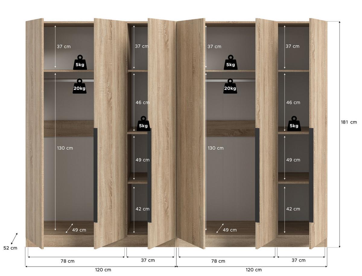 KLEIDERSCHRANK Eiche Sonoma 6-türig 240 x 181 cm, Drehtürenschrank mit zusätzlichen Einlegeböden - Eichefarben/Schwarz, Holzwerkstoff/Kunststoff (240/181/52cm) - Inn.Furn