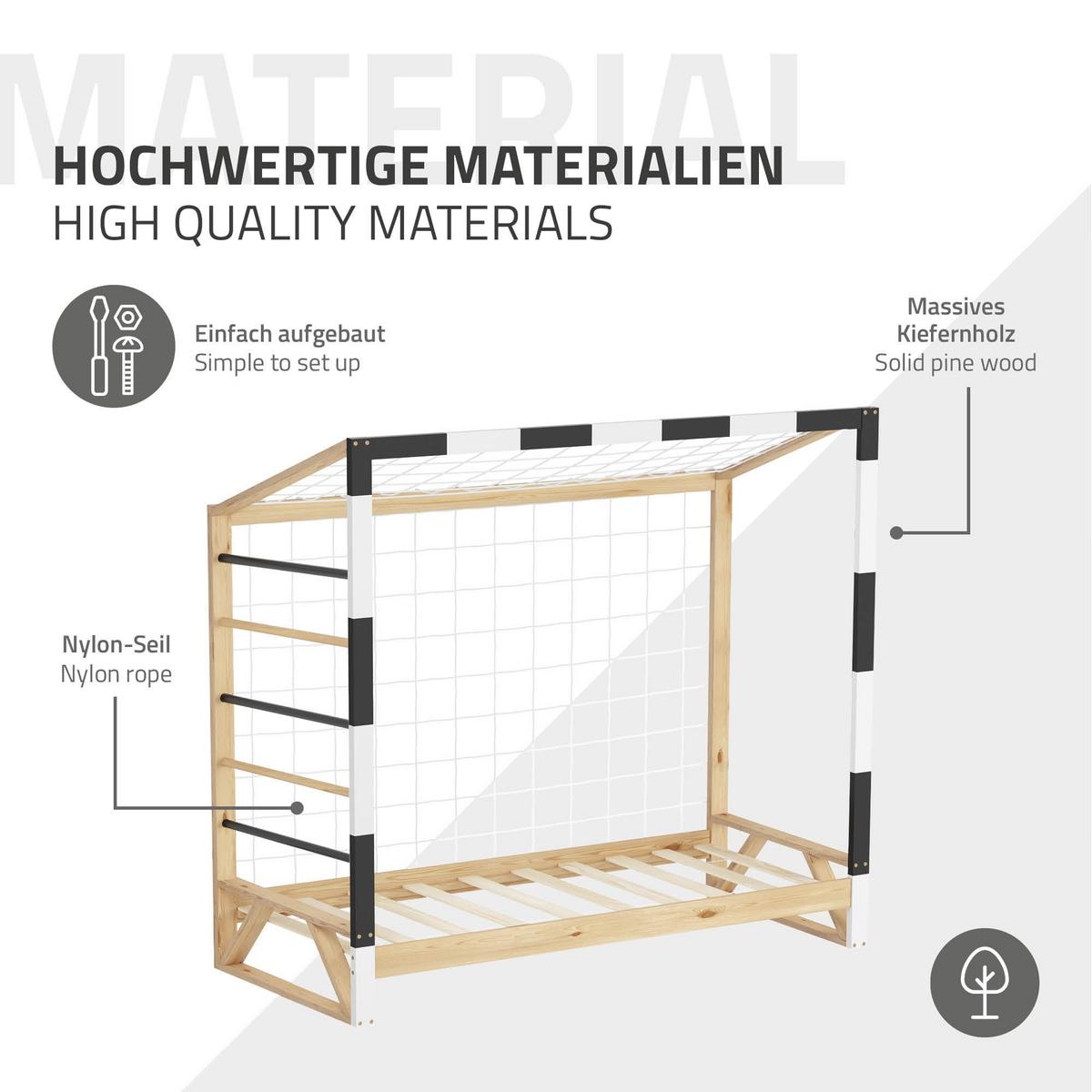 KINDERBETT Fußballtor 80x160 cm Schwarz-Weiß - Hellbraun, Holz (80/170cm) - ML-DESIGN