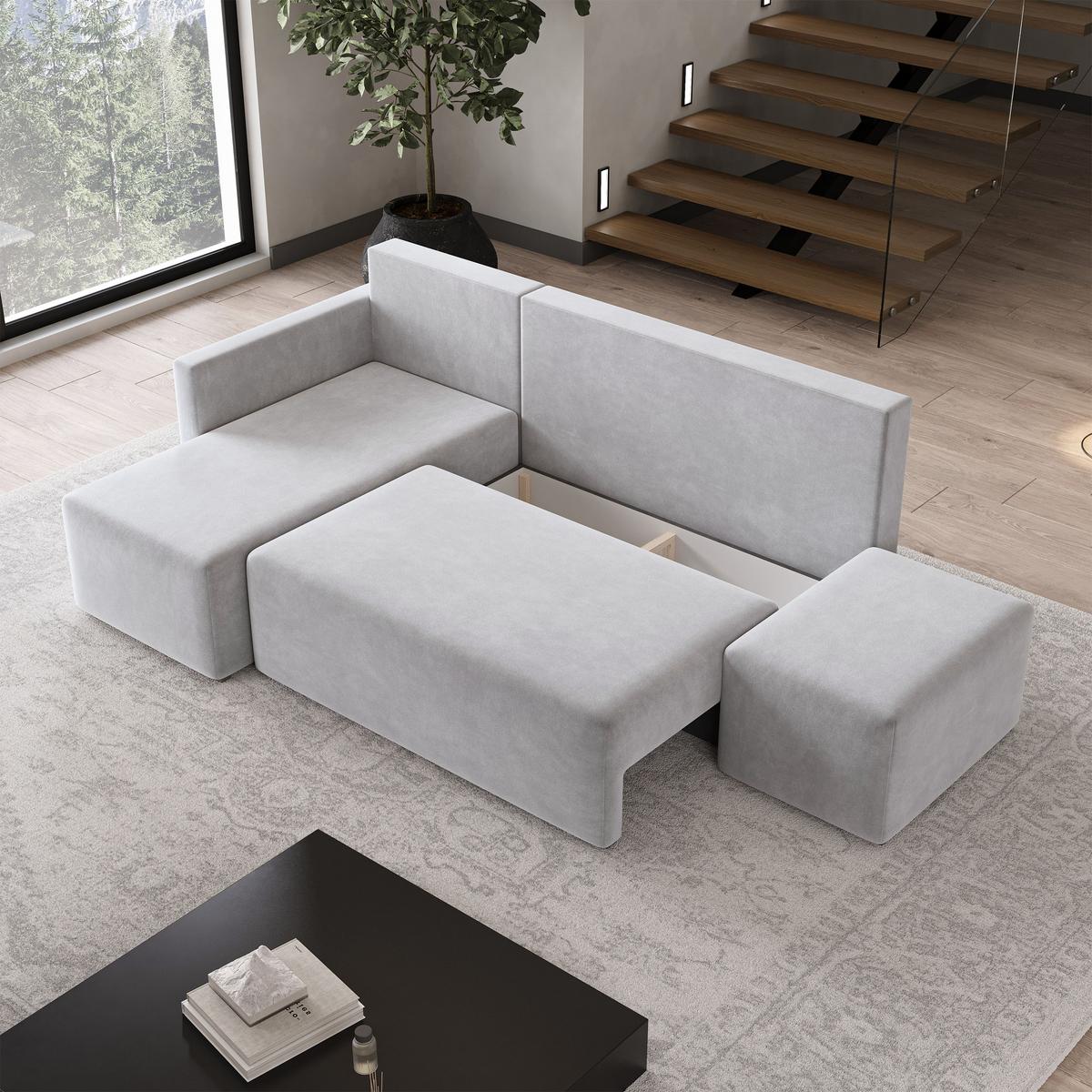 ECKSOFA VELOTTI L-S Hellgrau Plüsch-Stoff mit Schlaffunktion - Hellgrau, Holz (261/143cm) - MASSENO