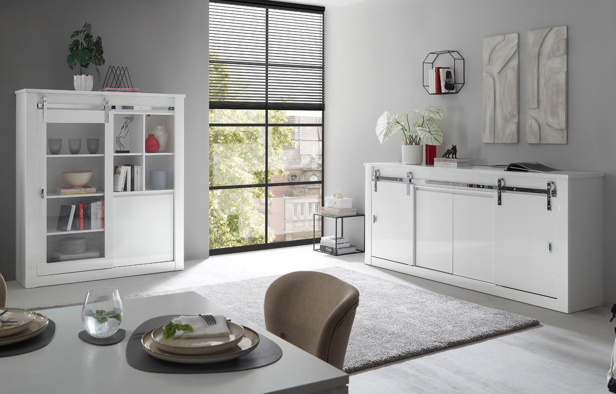VITRINE weiß Hochglanz 133 x 153 cm, Vitrinenschrank inklusive LED-Beleuchtung, Soft-Close - Chromfarben/Weiß Hochglanz, Glas/Holzwerkstoff (133/153/38cm) - Furn.Design