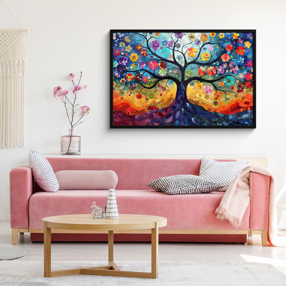 POSTER MIT RAHMENGERAHMTES BILD Kunst - Baum des Lebens - Blumen - Hippie 120x80 cm - Dunkelblau, Papier (120/80cm) - MuchoWow