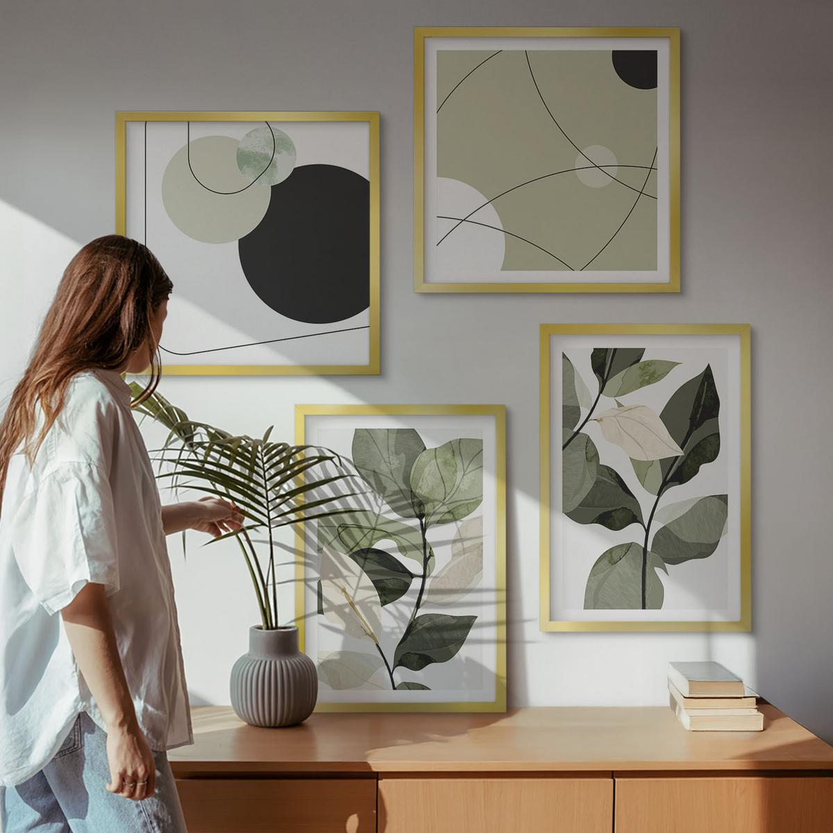 BILDER SET 4er Set - 50x50 cm & 40x60 cm Goldrahmen - Abstrakte Darstellung gemalter Blätter - Goldfarben, Kunststoff (50/50cm) - TULUP