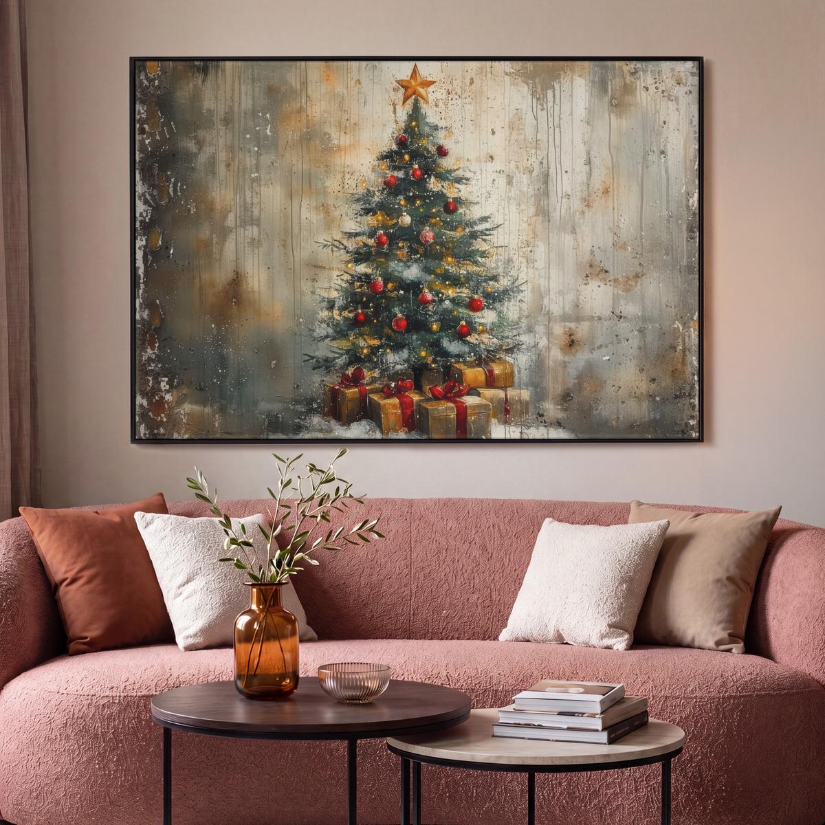 LEINWAND Bilder mit Rahmen - Weihnachtsbaum - Vintage - Weihnachten - Geschenk - 150x100 - Rostfarben, Textil (150/100cm) - MuchoWow