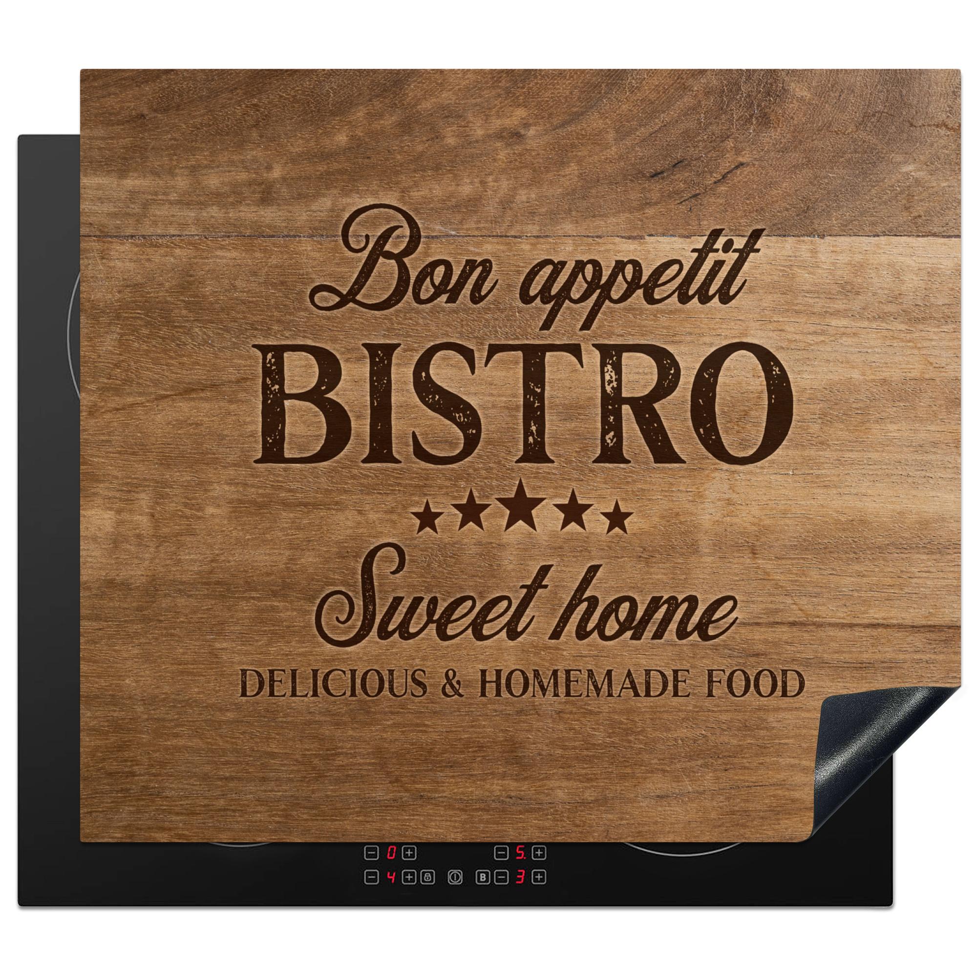 HERDABDECKPLATTE Zitat - Bistro - Guten Appetit - Süßes Zuhause - Holzmaserung Abdeckung Ceranfeld 58.3x51.3 cm - Braun, Kunststoff (58.3/51.3/0.2cm) - MuchoWow