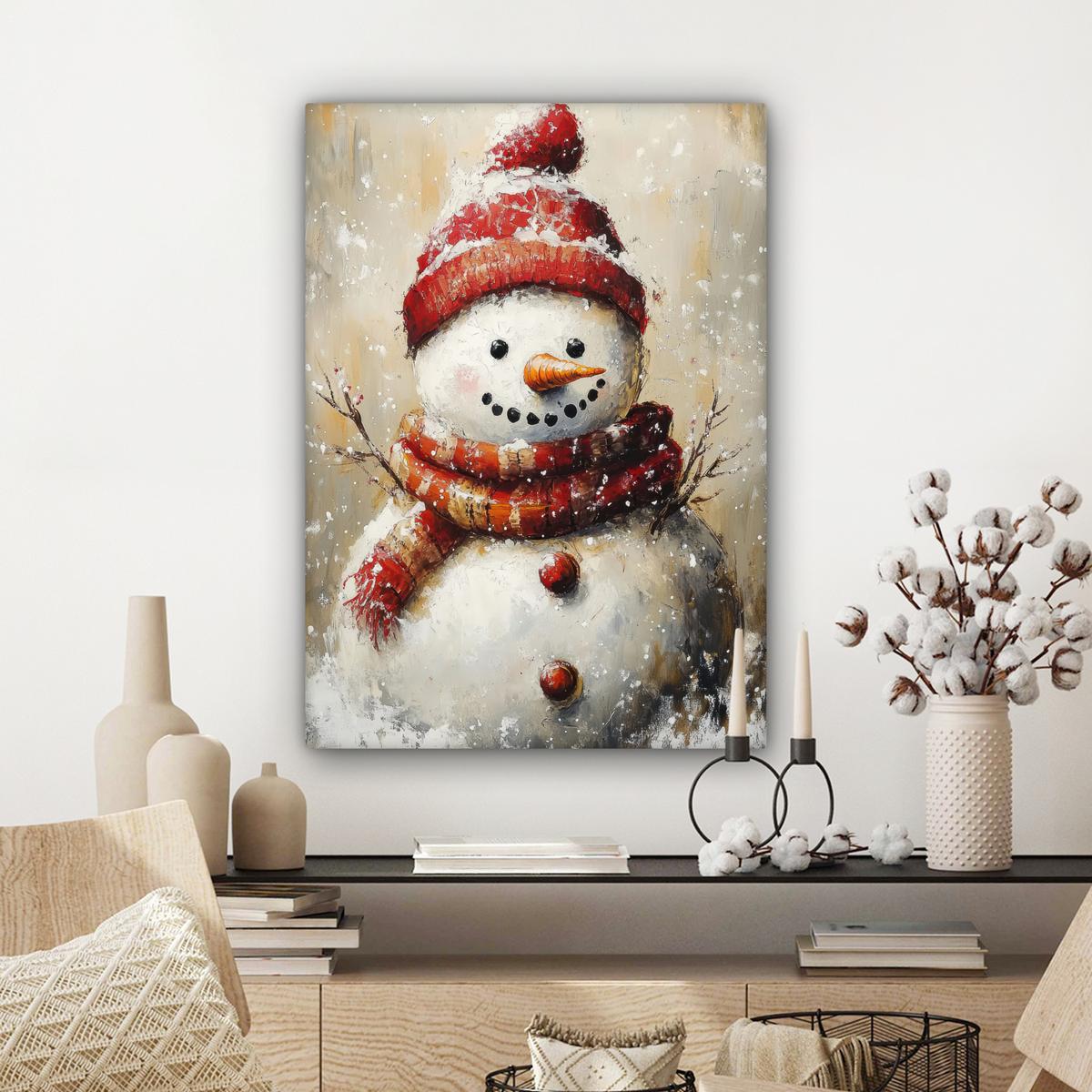 LEINWANDBILD Schneemann - Winter - Schnee - Beige Wandbild Wohnzimmer 60x80 cm - Weiß, Textil (60/80cm) - MuchoWow