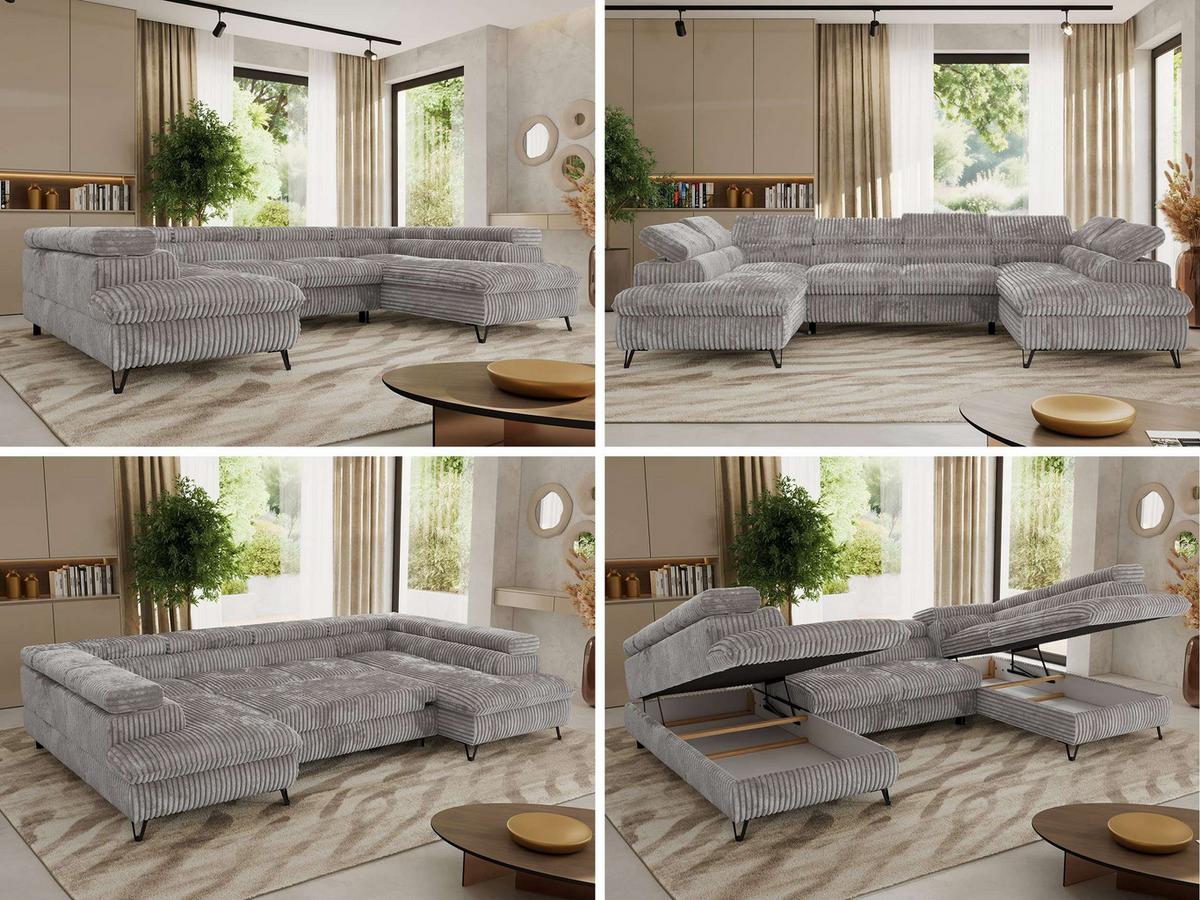 WOHNLANDSCHAFT PABLO U Cord Hellgrau - Hellgrau/Schwarz, Textil/Metall (346/76/208cm) - MKS
