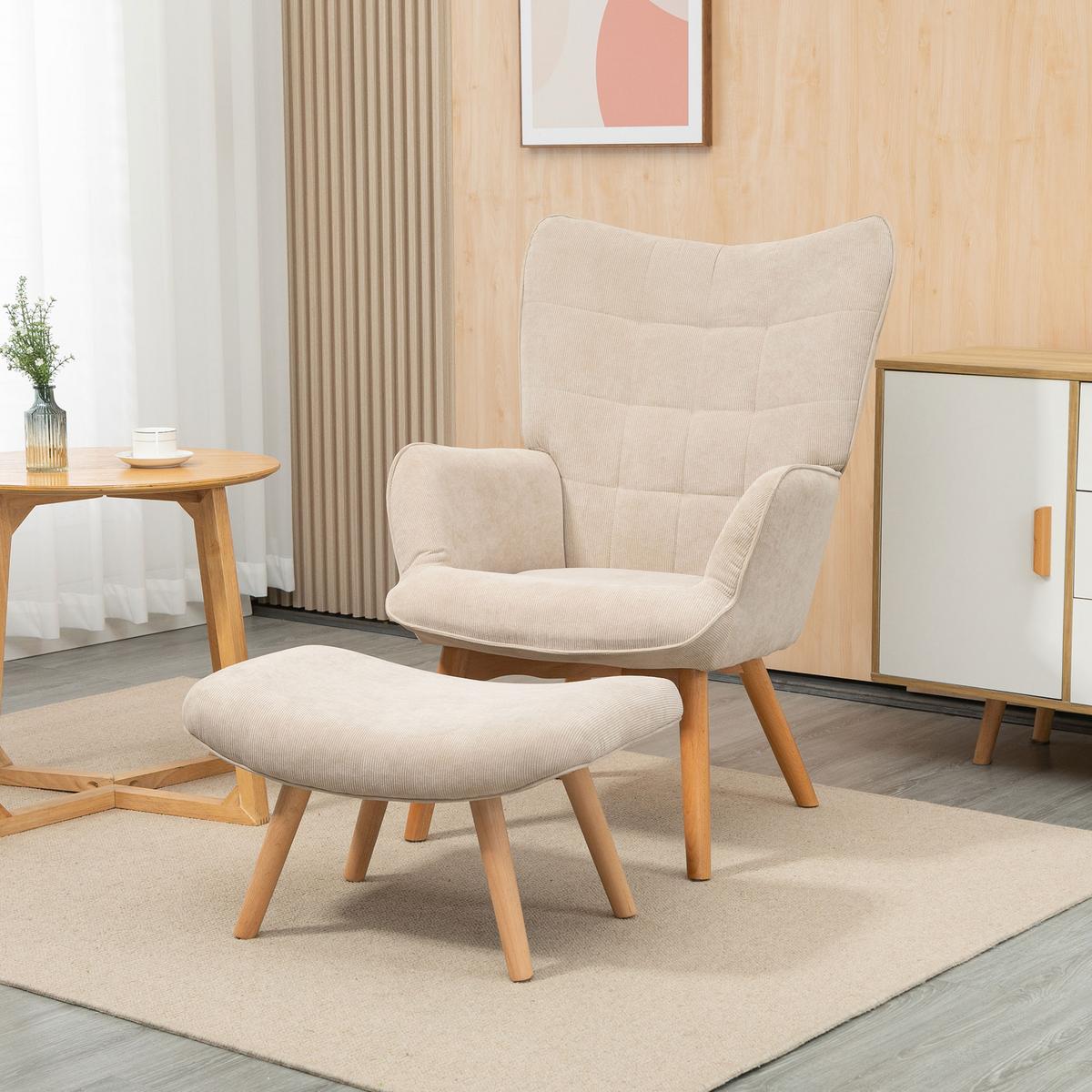 OHRENSESSEL mit Hocker, Relaxsessel, Polstersessel in Cord-Optik, mit Holzbeine - Beige/Naturfarben, Buchenholz/Textil (80/101/72cm) - HOMCOM