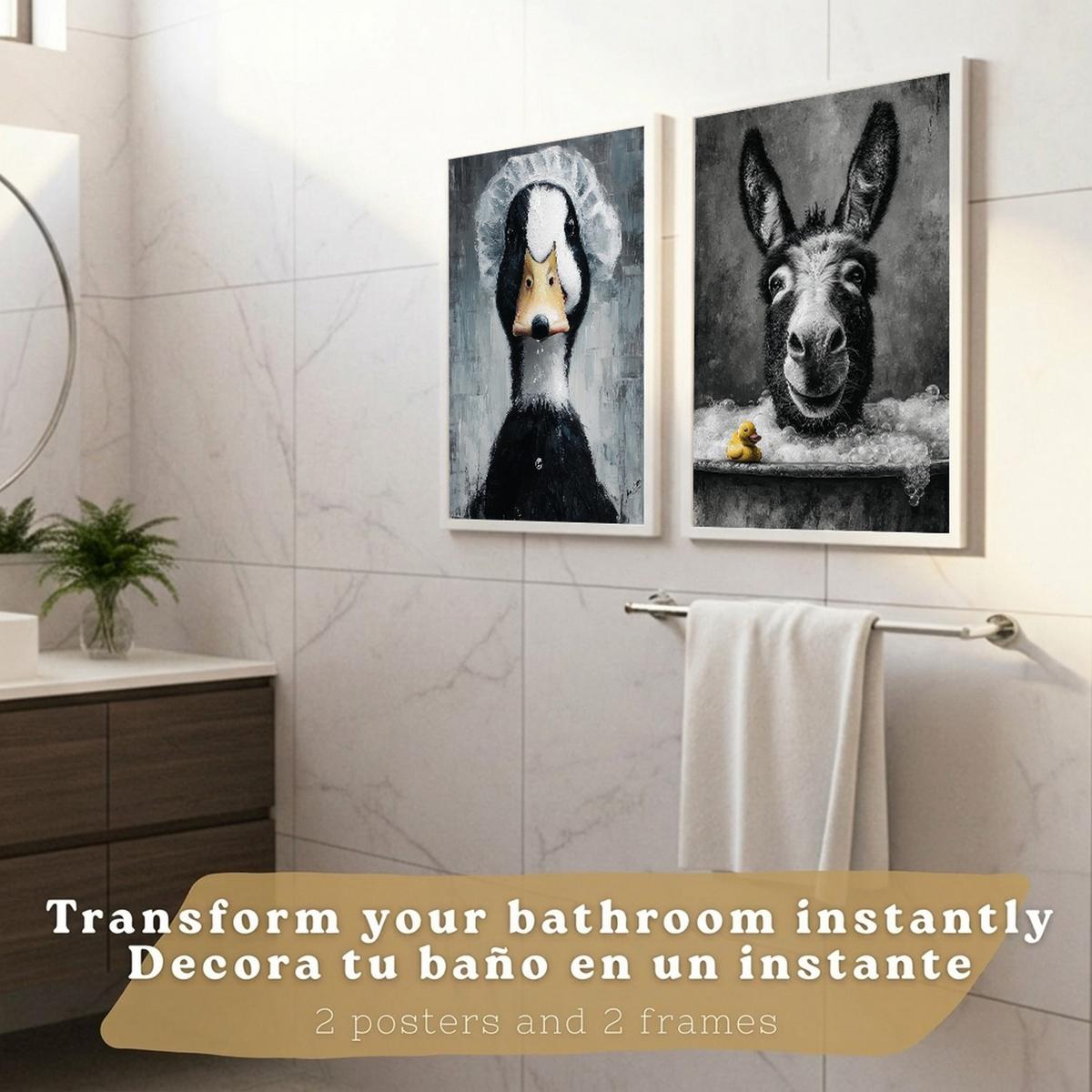 POSTER 2er-Set dekorative Badezimmer-Kunstdrucke, lustige für Wand, Waschbecken, Toilette und mit Tieren in der Badewanner, Stil Weißer Rahmen A4 - Weiß, Papier (29.7/21/3cm) - Nacnic
