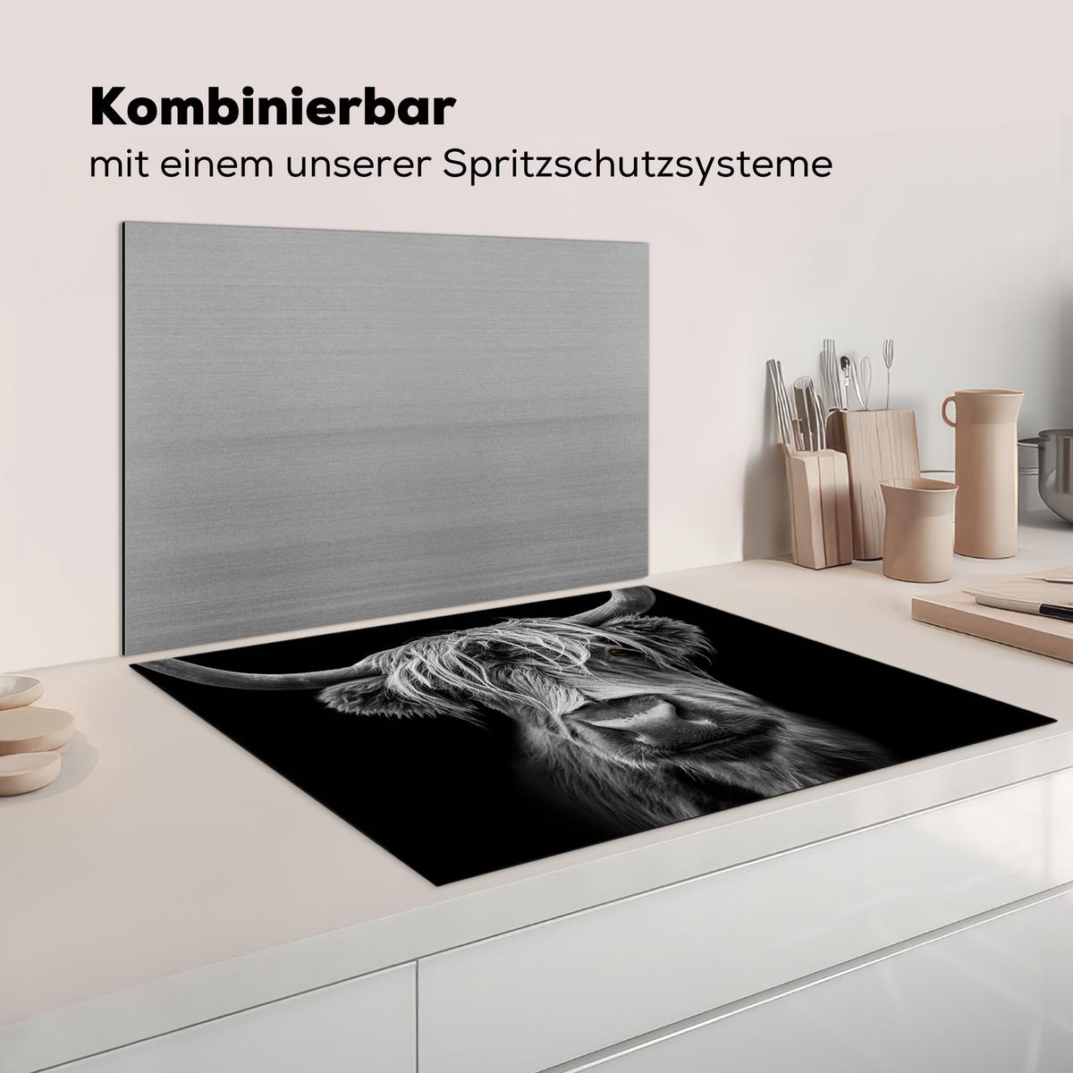 HERDABDECKPLATTE Schottischer Highlander - Hörner - Schwarz - Weiß - Kuh - Wild - Tiere Induktionsmatte 77x59 cm - Schwarz, Kunststoff (77/59/0.2cm) - MuchoWow
