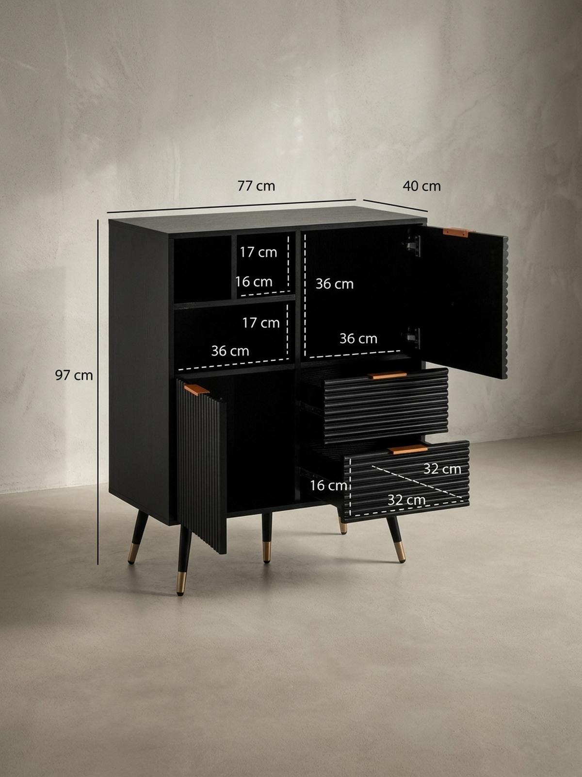 SIDEBOARD – Schwarz/Eiche-Dekor, 77x97x40 cm, mit Türen, Schubladen, Regal, Metallbeine - Goldfarben/Schwarz, Holzwerkstoff/Metall (77/97/40cm) - KADIMA DESIGN