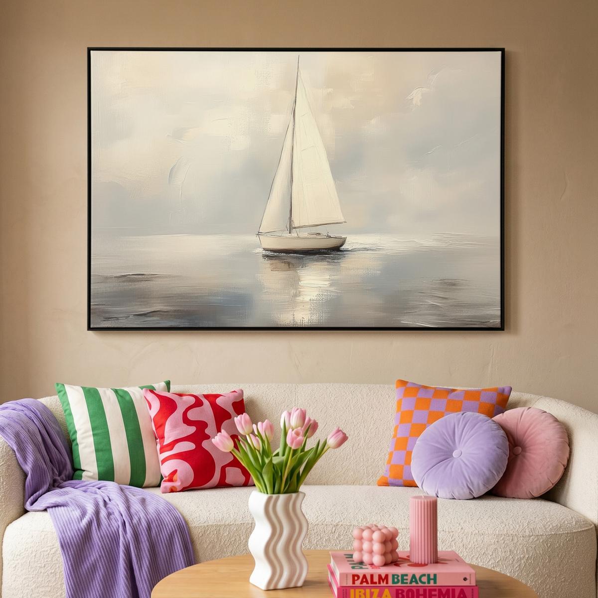 LEINWAND Bilder mit Rahmen - Segelschiff - Meer - Bewölkt - 150x100 - Creme, Textil (150/100cm) - MuchoWow