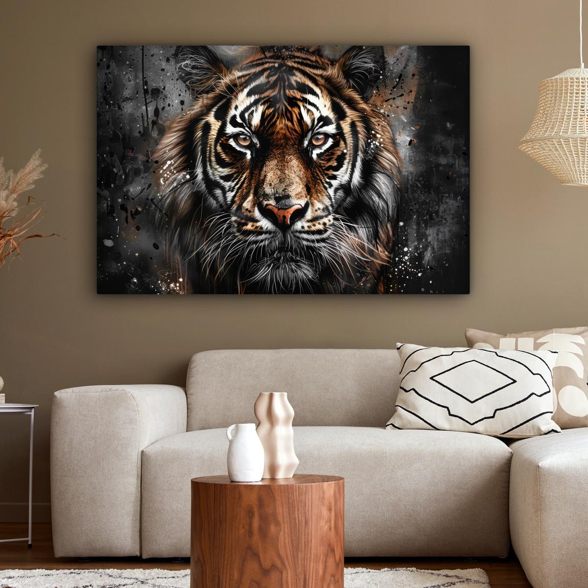 LEINWANDBILD Tiger - Tiere - Porträt - Luxus - Schwarz Groß 140x90 cm - Anthrazit, Textil (140/90cm) - MuchoWow