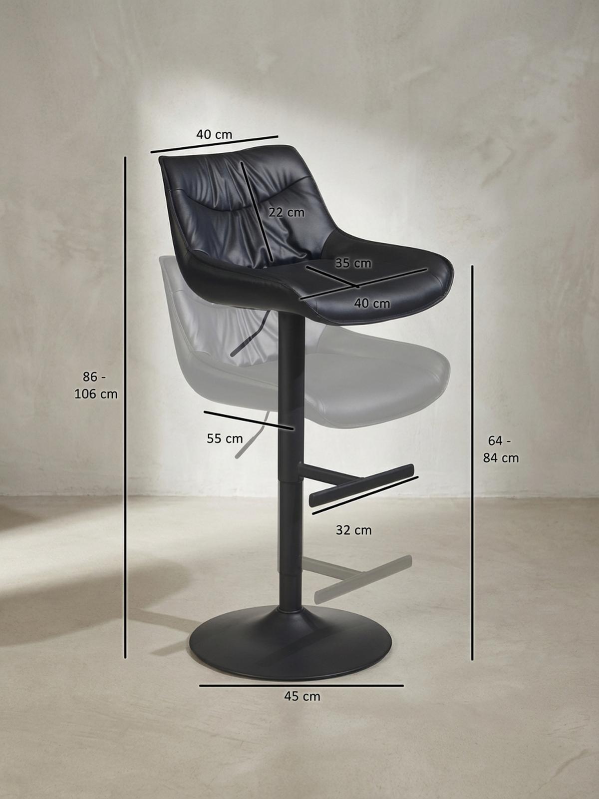 BARHOCKER – Kunstleder Schwarz, Rückenlehne, höhenverstellbar 86–106 cm, Trompetenfuß, 100 kg - Schwarz, Kunststoff/Textil (45/106/55cm) - KADIMA DESIGN