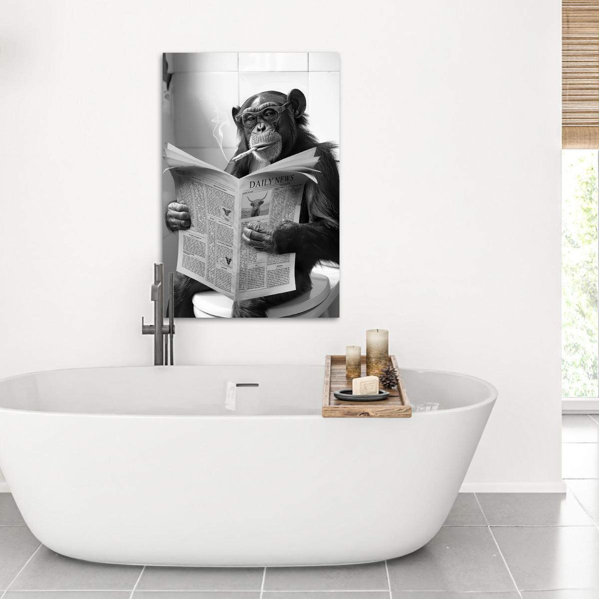 LEINWANDBILD Affe - WC - Zeitung - Schwarz-Weiß - Humor Wanddeko Schlafzimmer 60x90 cm - Hellgrau, Textil (60/90cm) - MuchoWow