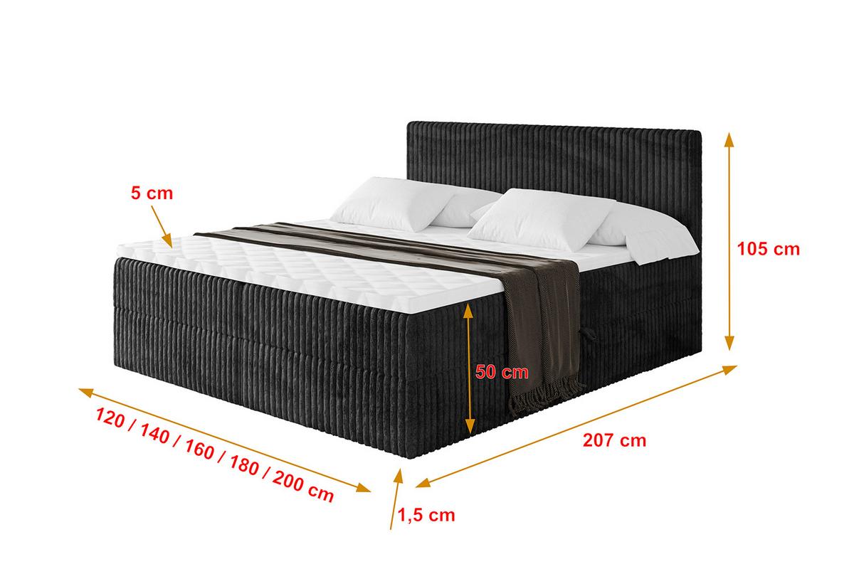 BOXBETT mit Matratze H4 und Lattenrost - TOLO - 180x200 Cord - Schwarz - Schwarz, Holzwerkstoff/Kunststoff (180/200cm) - ALTDECOR