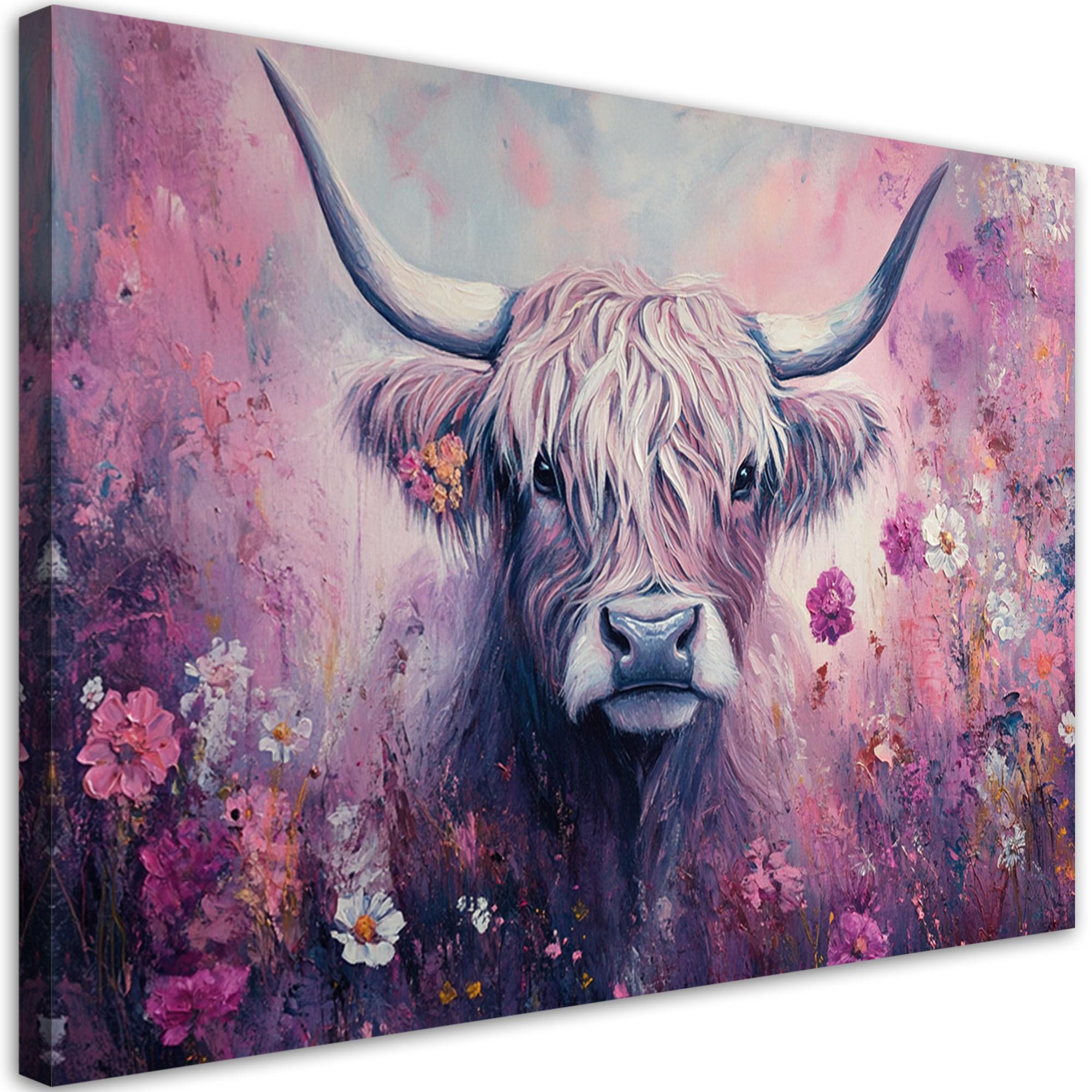 WANDBILD schottische kuh abstraktion rosa blumen - Pink, Textil (60/40cm) - Feeby