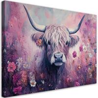 WANDBILD schottische kuh abstraktion rosa blumen - Pink, Textil (60/40cm) - Feeby