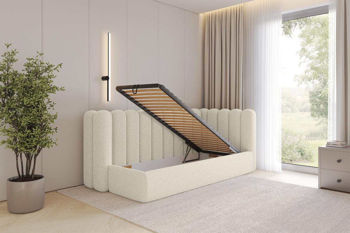 EINZELLBETT Jugendbett mit Bettkasten und Matratze H3/H4, Links - HUGY 100x200 Beige - Champagner, Holzwerkstoff/Textil (100/200cm) - ALTDECOR