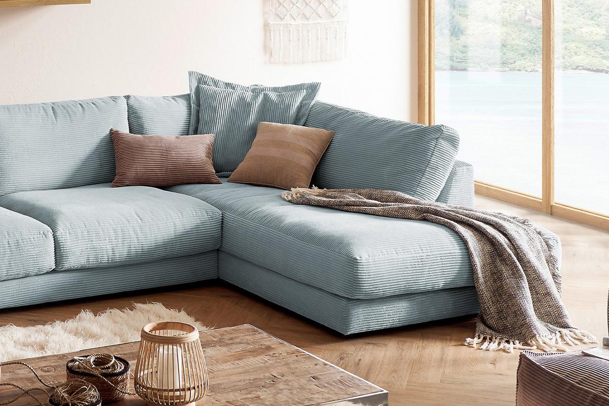 WOHNLANDSCHAFT MADELINE Hellblau Cord - Schwarz/Hellblau, Kunststoff/Textil (425/86/224cm) - KAWOLA