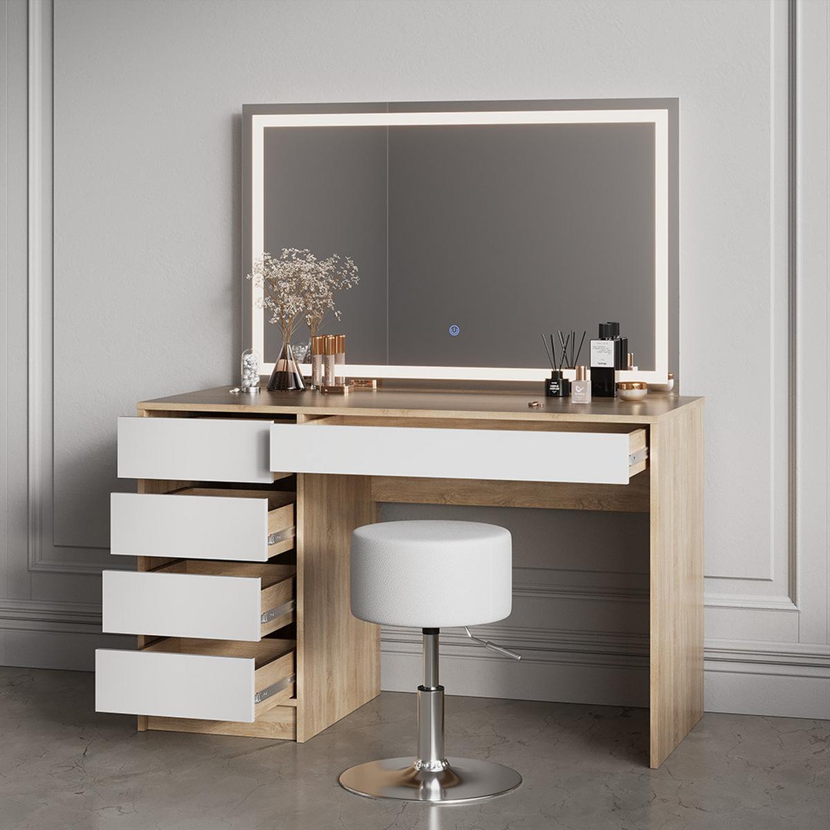 SCHMINKTISCH Imola Weiß/Sonoma 120 cm mit LED-Spiegel - Weiß/Sonoma Eiche, Holzwerkstoff (120/75/55cm) - Livinity®