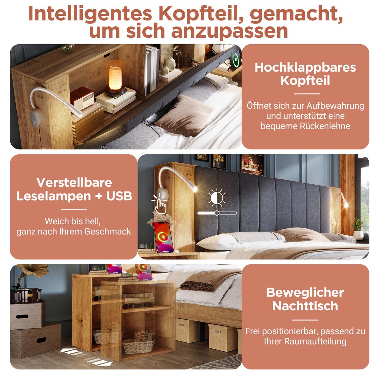 POLSTERBETT eiche-optik & leinen 160X200 mit nachttischen & bettbank - Eichefarben, Holz (160/200cm) - Urban Meuble