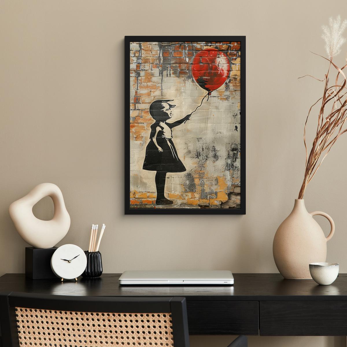 POSTER MIT RAHMEN Graffiti - Banksy - Mädchen - Straßenkunst Bilder mit Rahmen 40x60 cm - Sandfarben, Papier (40/60cm) - MuchoWow