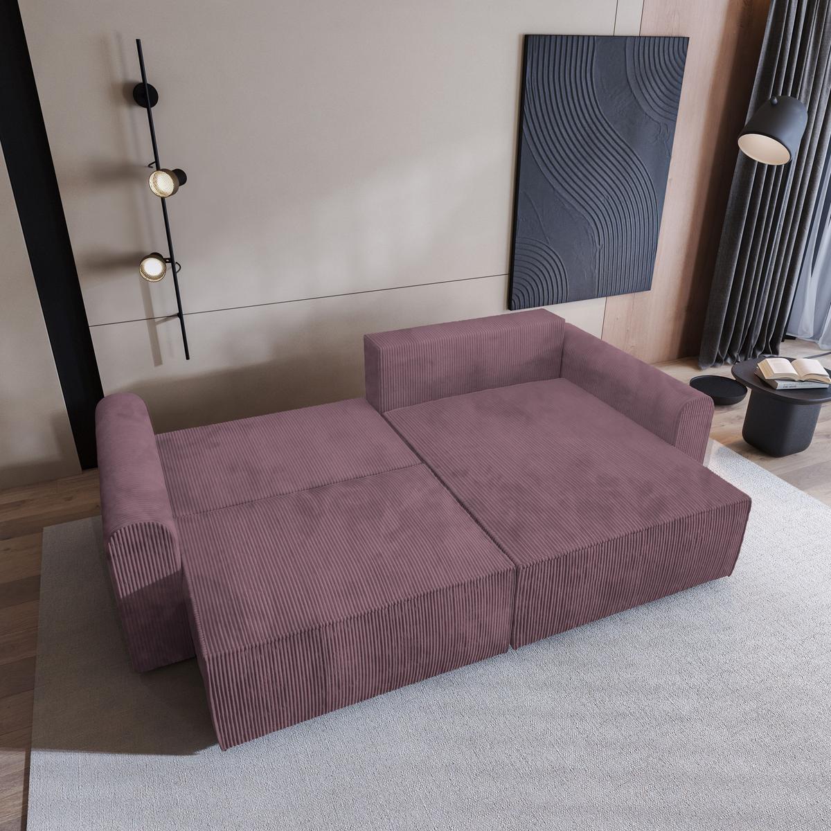ECKSOFA FIANO P Lila Kordstoff mit Schlaffunktion - Lila/Grau, Holz/Kunststoff (245/148cm) - MASSENO