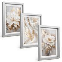 BILDER SET 3er Set - 20x30 cm Silberner Rahmen - Abstrakte Blumen aus Marmor - Silberfarben, Kunststoff (20/30cm) - TULUP