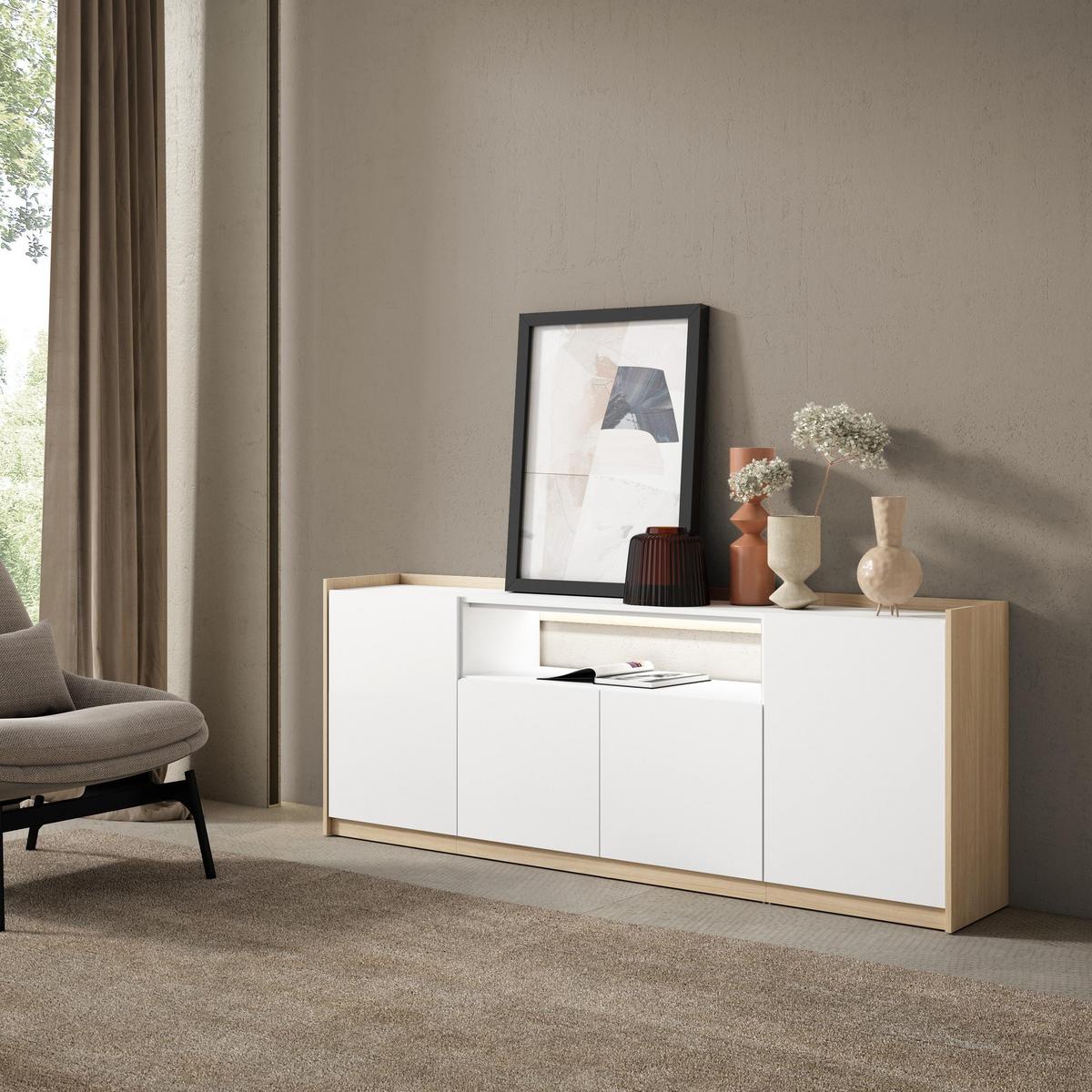 SIDEBOARD, Weiß und Eiche, 207/37/80cm, mit Led - Weiß, Holzwerkstoff (207/80/37cm) - Skraut Home