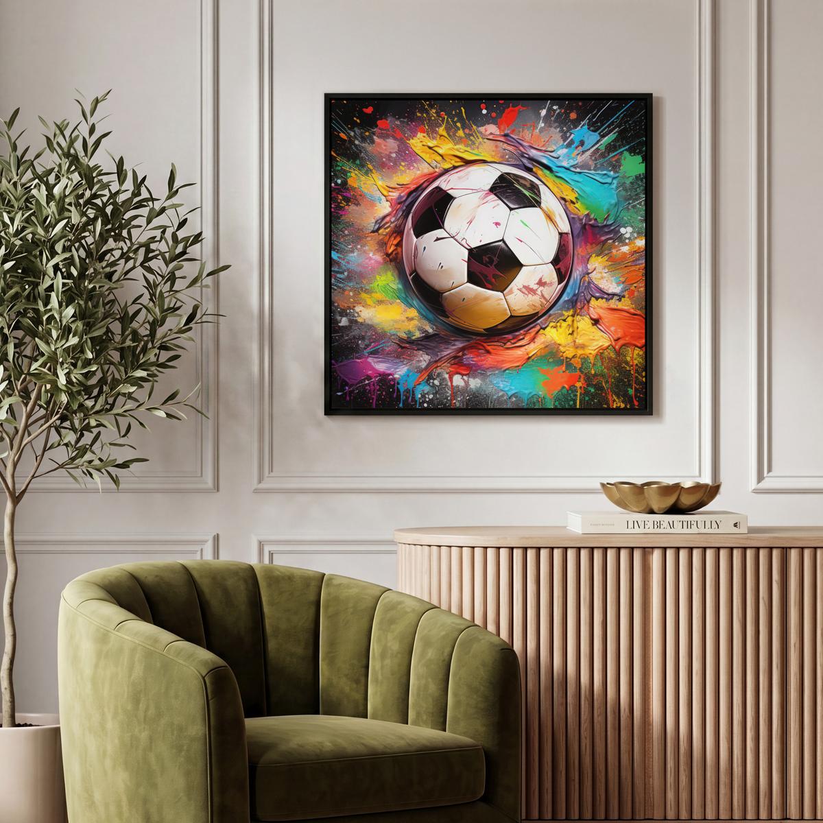 LEINWAND Bilder mit Rahmen - Fußball - Farbe - Farben - Schwarz - Weiß - 50x50 - Weiß, Textil (50/50cm) - MuchoWow