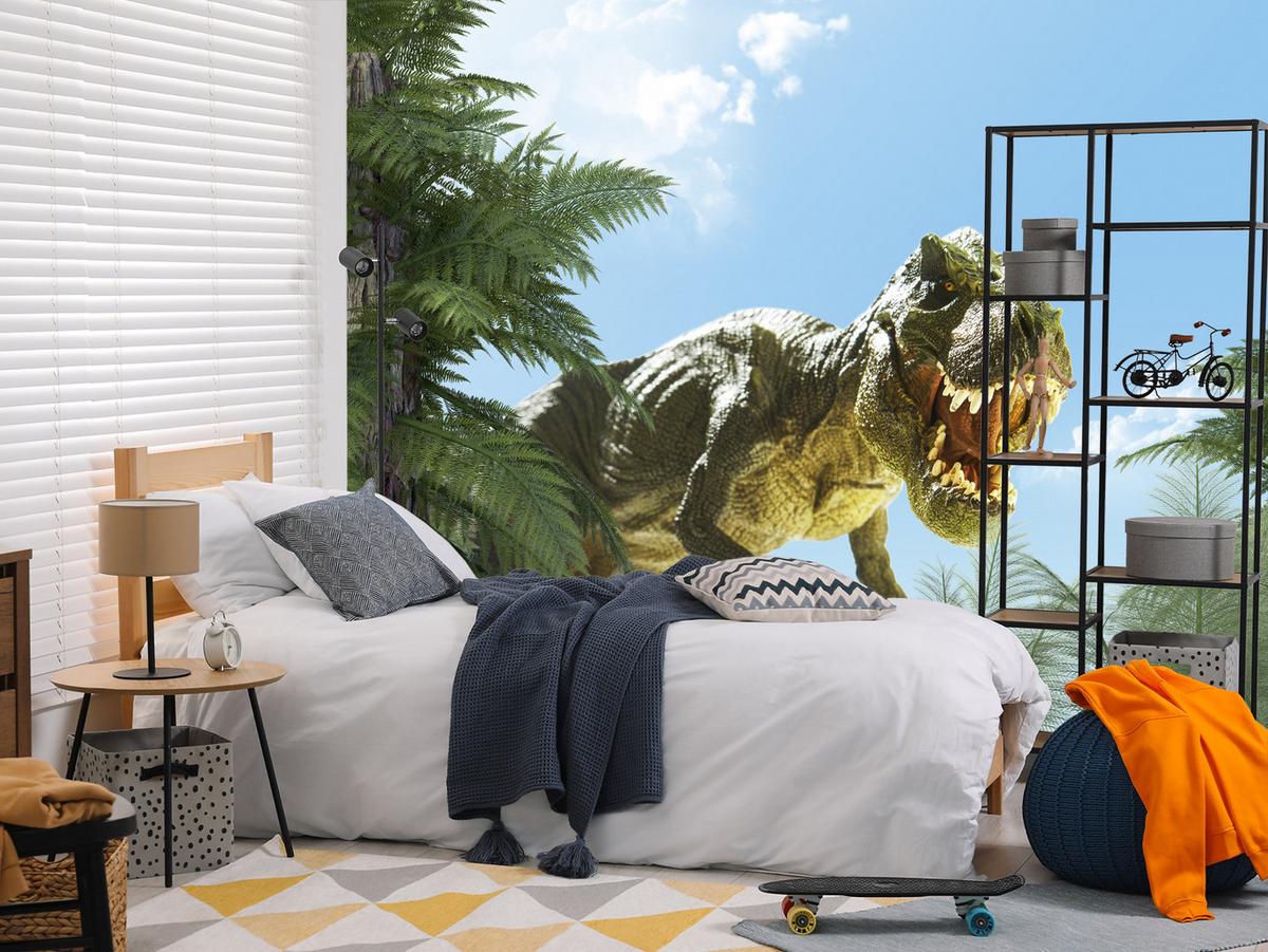 FOTOTAPETE für Jugendzimmer Riesen Dinosaurier Tropenwald Pflanzen 150x105 - Blau/Braun, Papier (150/105cm) - Muralo