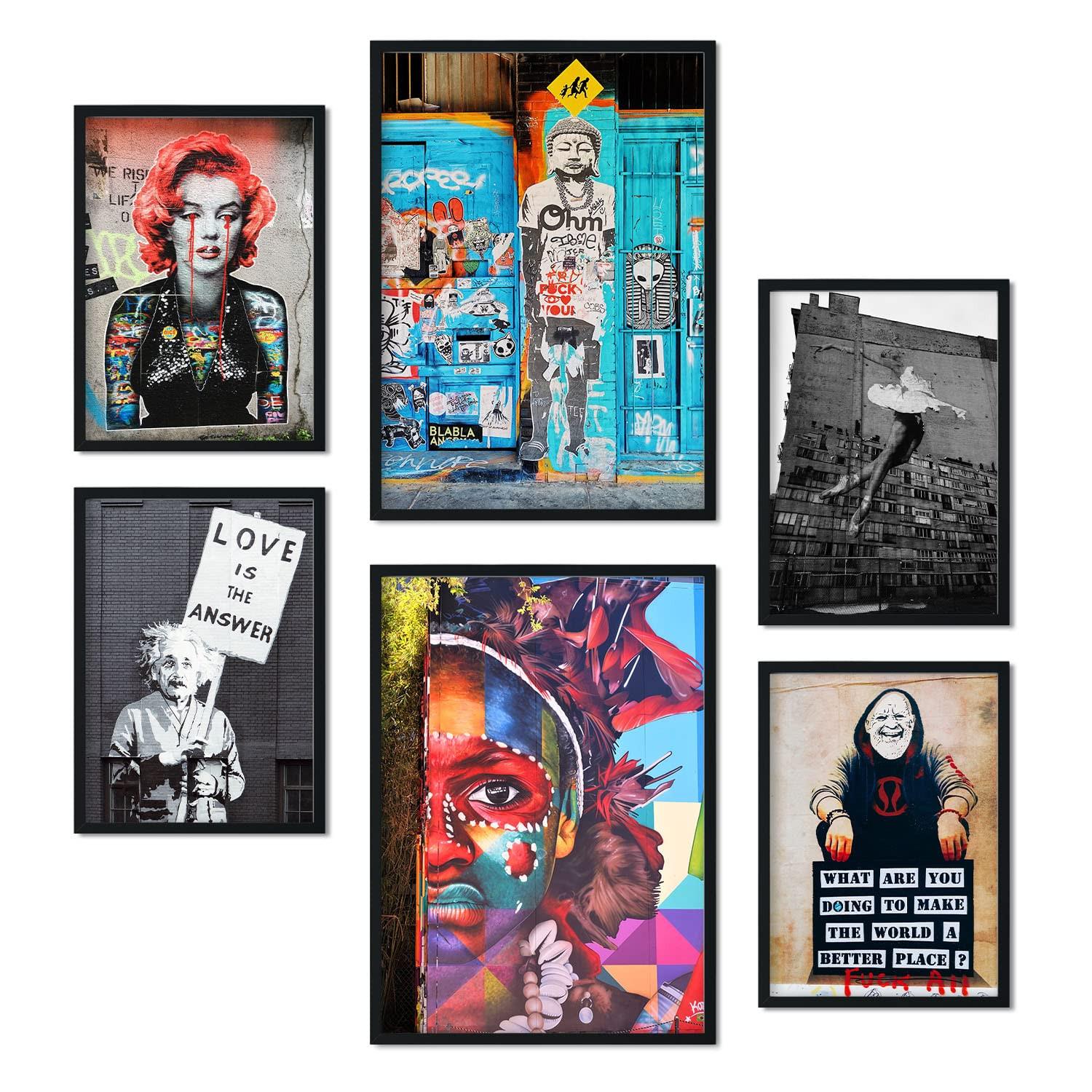 POSTER Set Mit 6 Graffiti A3 & A4 Schwarzer Rahmen - Schwarz, Papier (29/3cm) - Nacnic