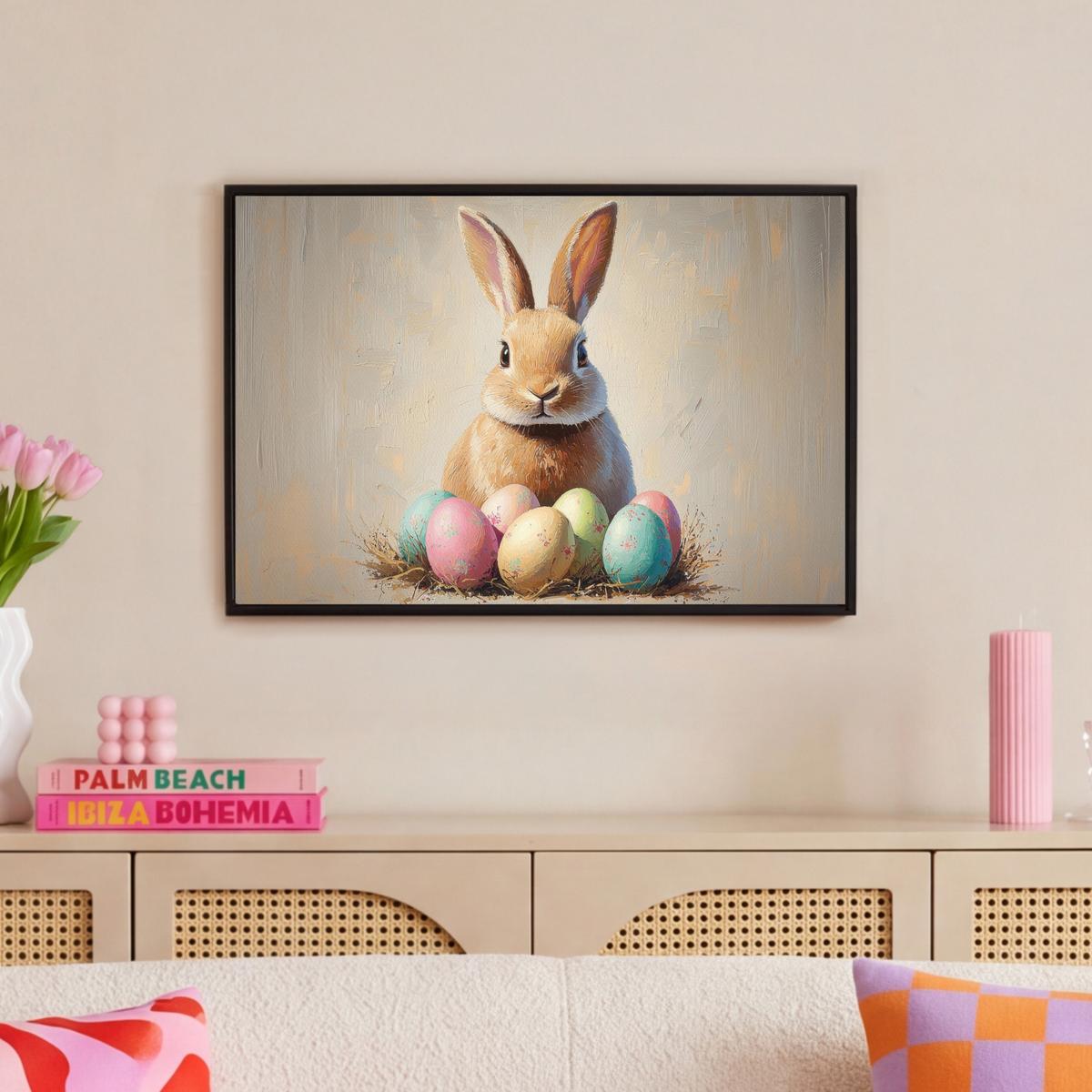 LEINWAND Bilder mit Rahmen - Osterhase - Pastell - Eier - 60x40 - Beige, Textil (60/40cm) - MuchoWow