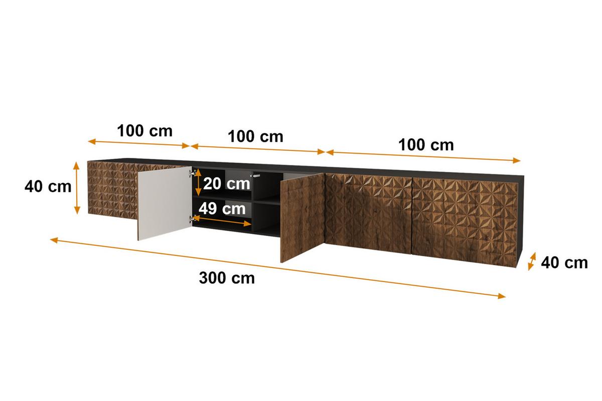 LOWBOARD VIRA-W 3x100x40x40 cm - Schwarz / Katania - Eiche Wotan, Holzwerkstoff (300/40/40cm) - ALTDECOR