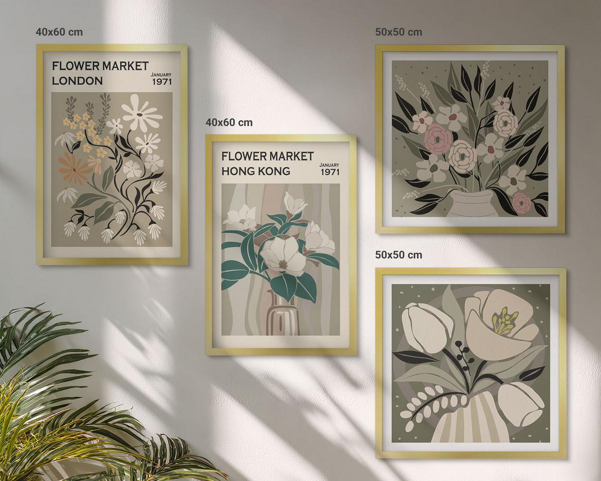 BILDER SET 4er Set - 50x50 cm & 40x60 cm Goldrahmen - Blumenillustrationen London Hongkong - Goldfarben, Kunststoff (50/50cm) - TULUP