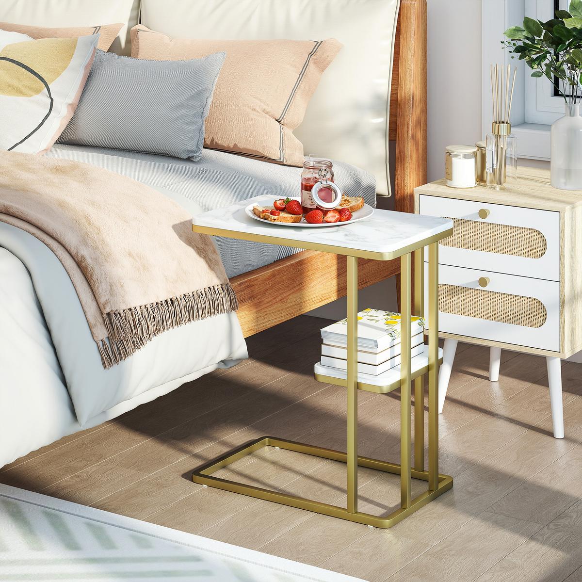 BEISTELLTISCH MDF Stahl Weiß - Goldfarben/Weiß, Holzwerkstoff/Kunststoff (50/30/57.5cm) - HOMCOM