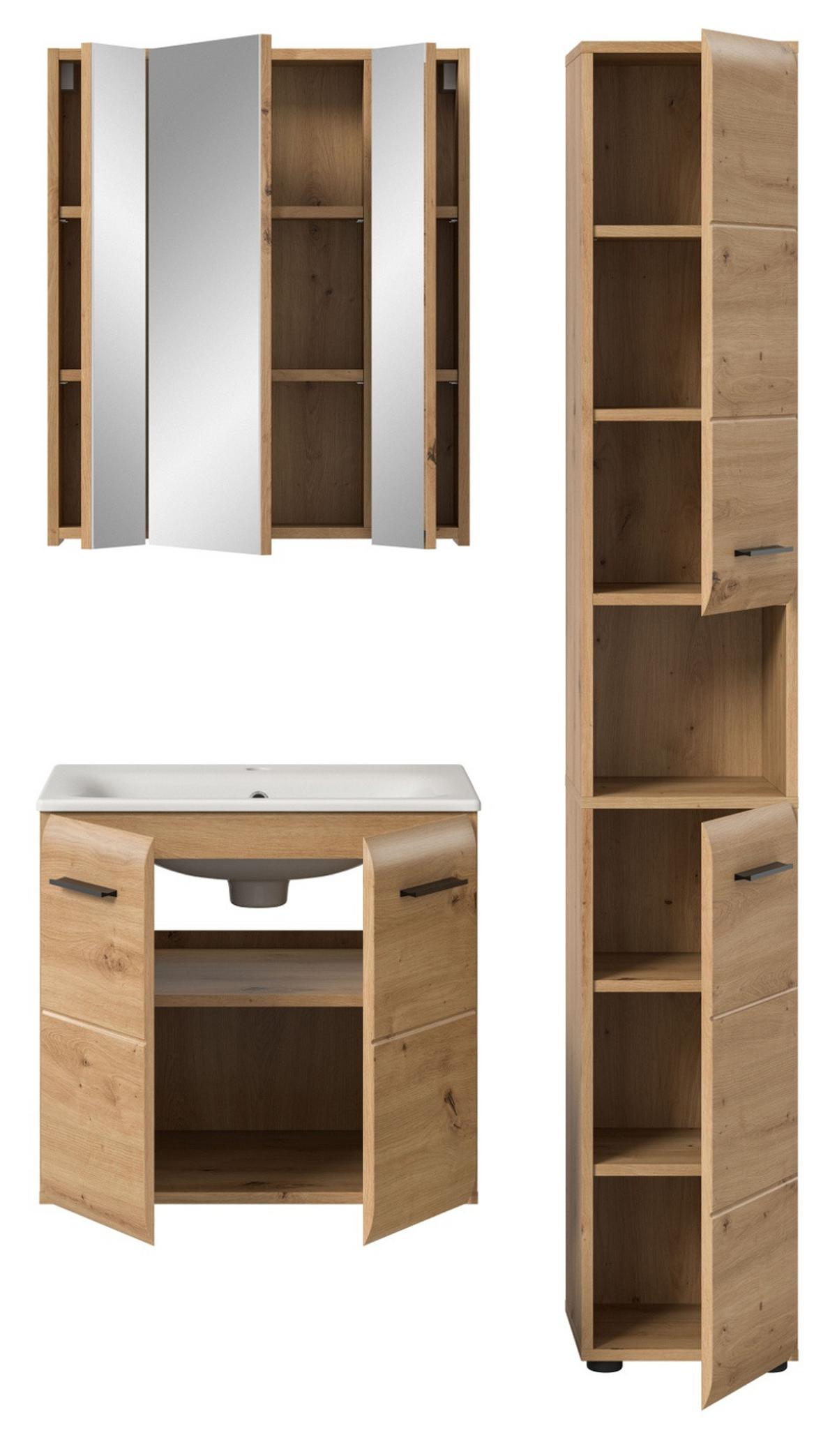 BADMÖBEL-SET 3-teilig Eiche Artisan, Badkombination 105 cm Komplett-Set mit Waschbecken - Schwarz/Eiche Artisan, Glas/Keramik (105/185/46cm) - Inn.Furn