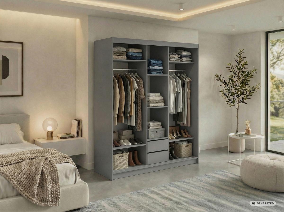 SCHWEBETÜRENSCHRANK mit Schubladen 180 - SKORIA - Grau mit Spiegel - Alufarben/Grau, Holzwerkstoff/Metall (180/216/61cm) - MKS