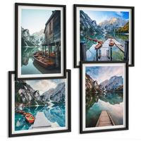 BILDER SET 4er Set - 50x50 cm & 40x60 cm Schwarzer Rahmen - See Berge Holzboote - Schwarz, Kunststoff (50/50cm) - TULUP