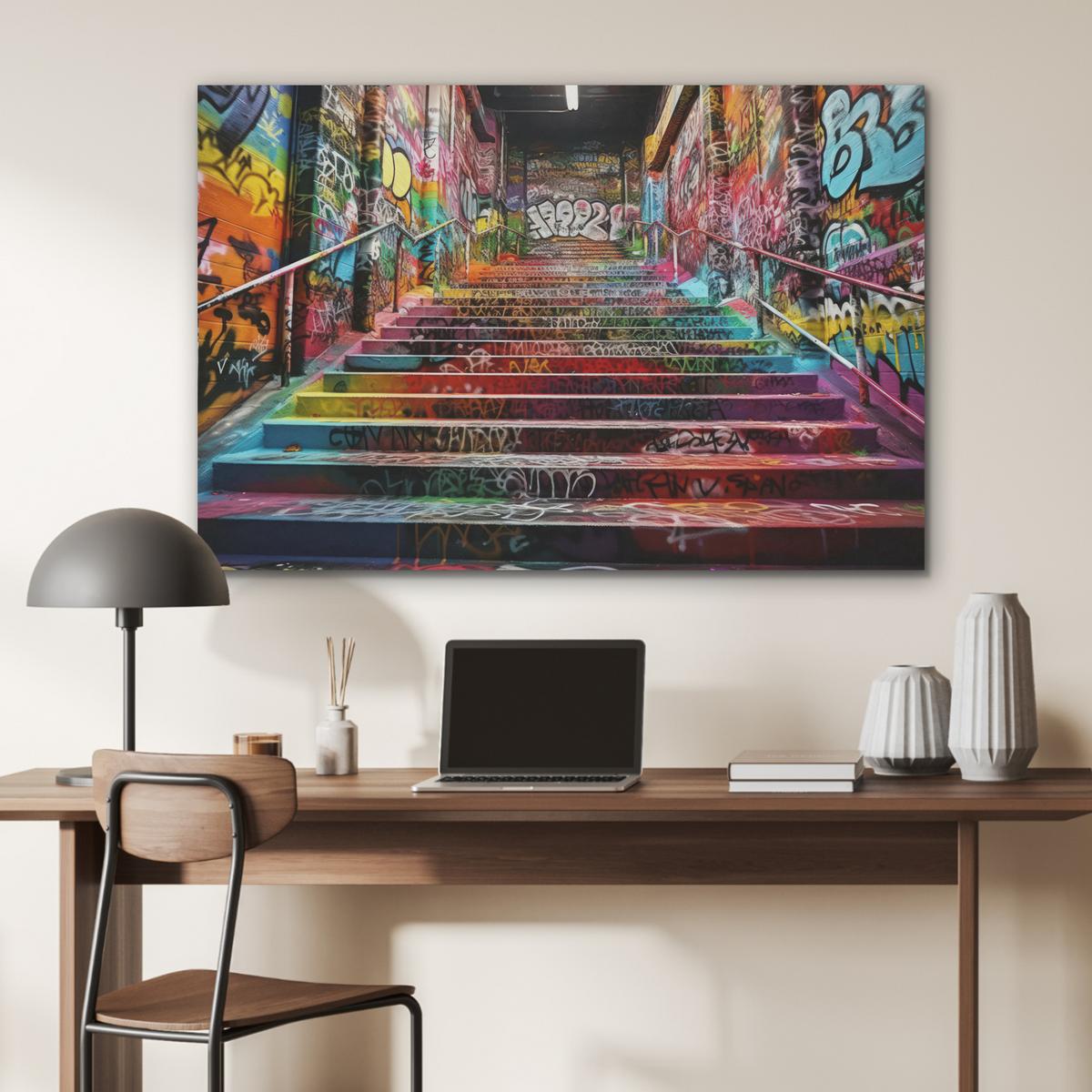 AKUSTIKBILD Treppe - Graffiti - Farben - Kunst Wandbild Wohnzimmer 100x70 cm - Multicolor, Kunststoff (100/70/0.9cm) - MuchoWow