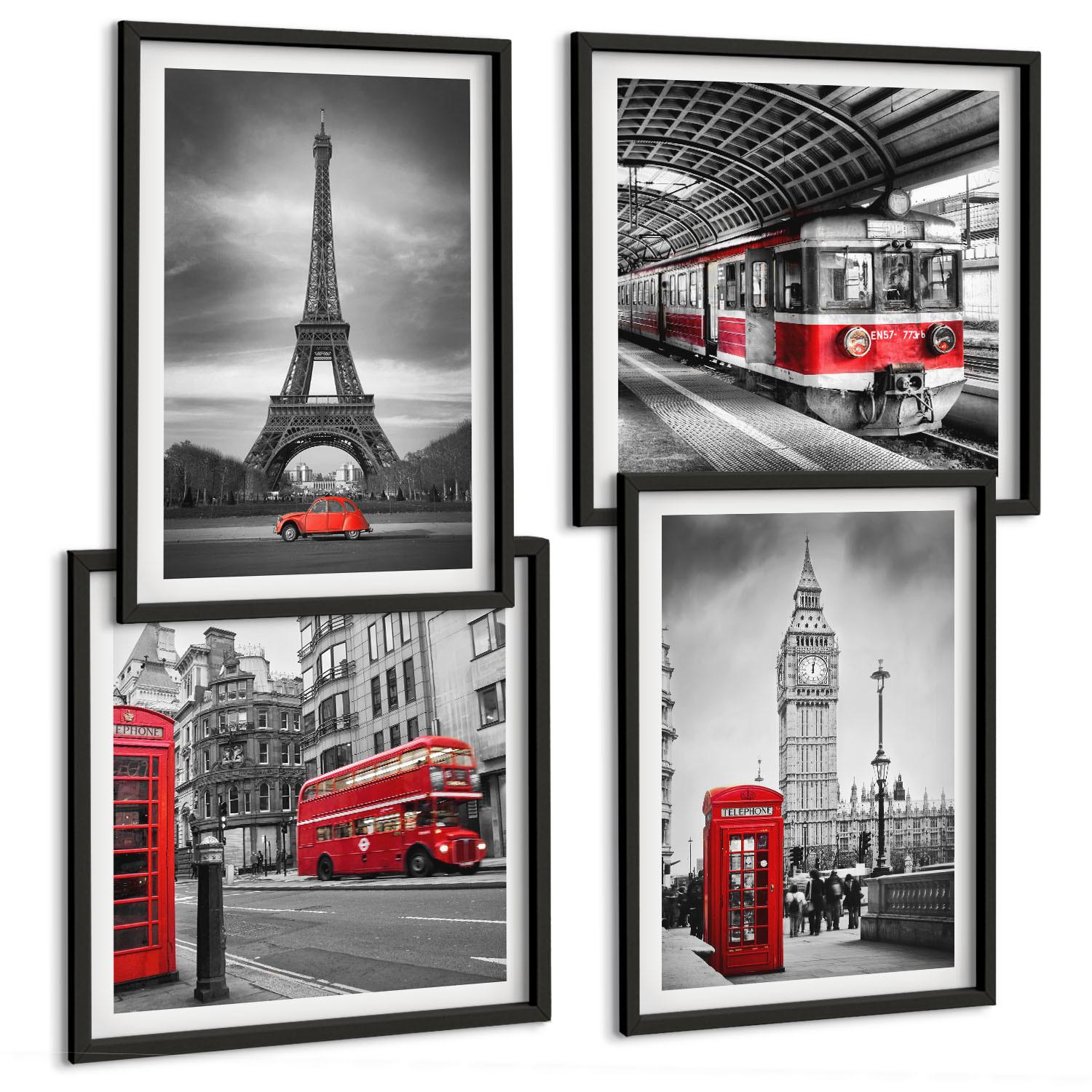 BILDER SET 4er Set - 50x50 cm & 40x60 cm Schwarzer Rahmen - Rote Busse in der Stadt - Schwarz, Kunststoff (50/50cm) - TULUP