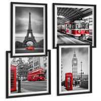 BILDER SET 4er Set - 50x50 cm & 40x60 cm Schwarzer Rahmen - Rote Busse in der Stadt - Schwarz, Kunststoff (50/50cm) - TULUP