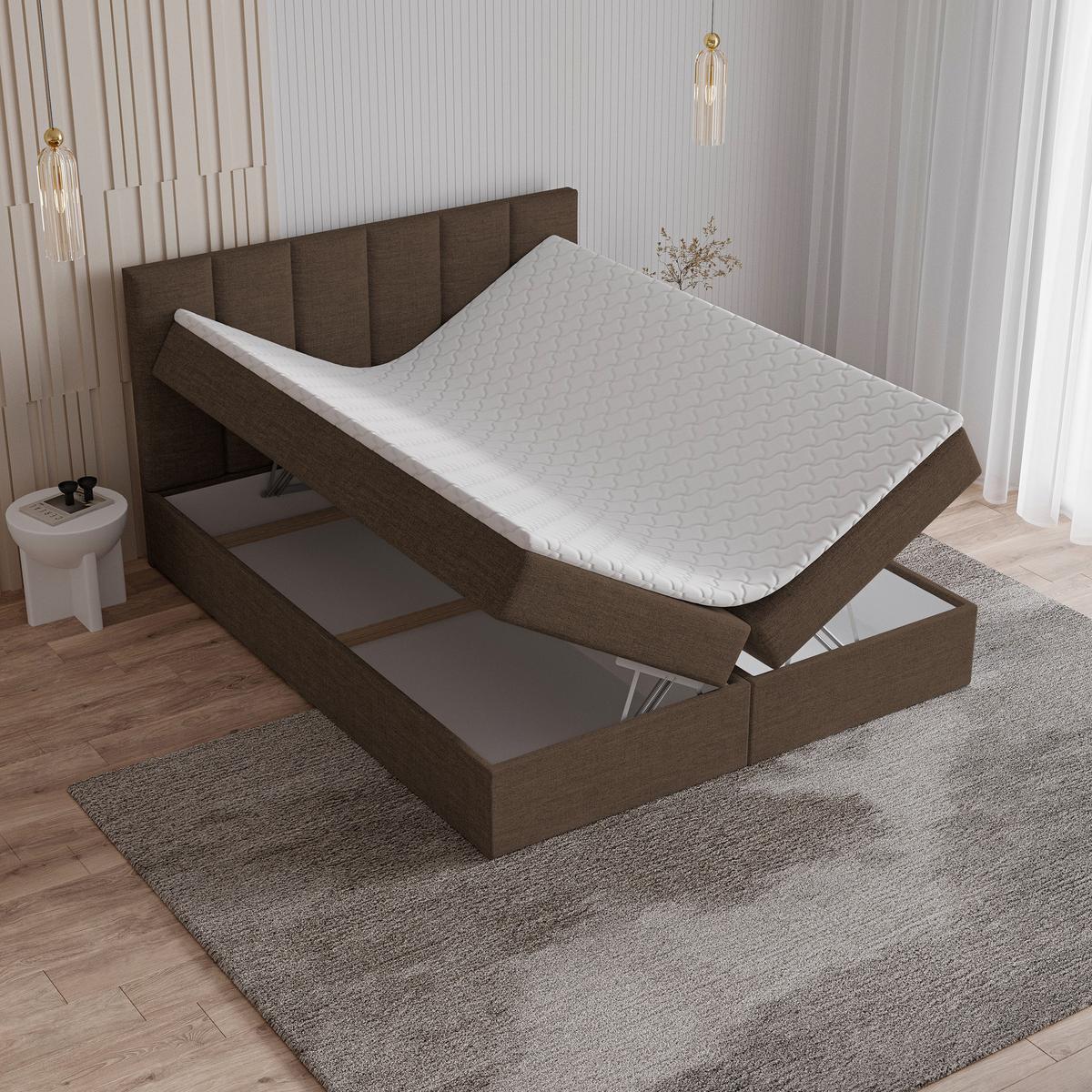 BOXBETT MERIL 140x200 cm mit Matratze und Topper - Braun - Braun, Holz (140/200cm) - MASSENO