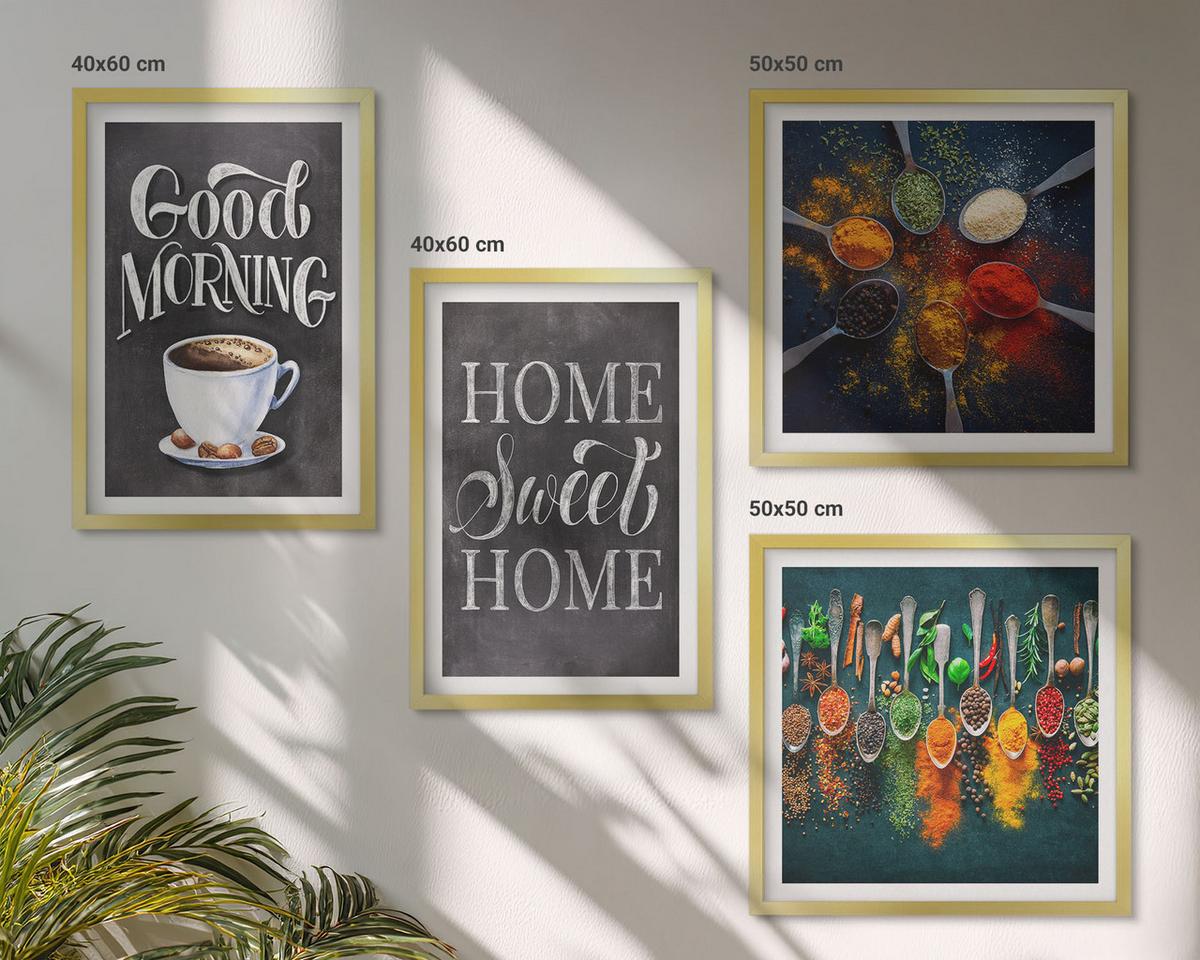 BILDER SET 4er Set - 50x50 cm & 40x60 cm Goldrahmen - Gewürze, Kaffee, Tasse, Kräuter - Goldfarben, Kunststoff (50/50cm) - TULUP