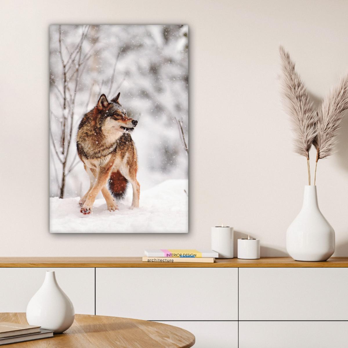 LEINWANDBILD Wolf - Winter - Schnee - Natur - Tiere Wanddeko 40x60 cm - Haselnussfarben, Textil (40/60cm) - MuchoWow