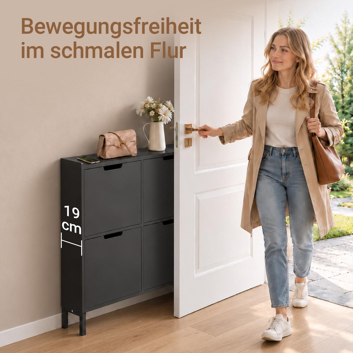SCHUHSCHRANK schmal, nur 19 cm tief, schwarz, 4 Klappen, 8 Paar, bis EU 46, für Flur & hinter der Tür, 100x91x19 cm - Schwarz, Holzwerkstoff/Metall (100/91/19cm) - SoBuy