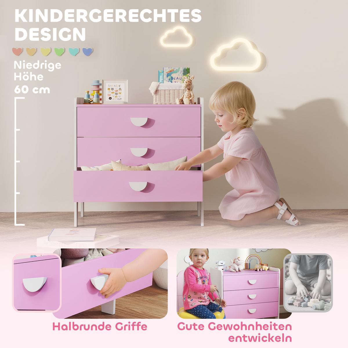 SPIELZEUGSCHRANK für Kinder, Kommode mit 3 Schubladen, Rosa+Weiß - Weiß/Rosa, Holzwerkstoff (40/60/60cm) - AIYAPLAY