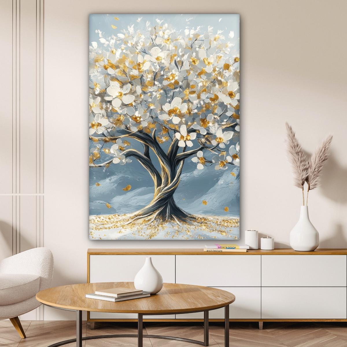 LEINWANDBILD Baum - Winter - Baum des Lebens - Modern - Gold Deko Groß 90x140 cm - Goldfarben, Textil (90/140cm) - MuchoWow