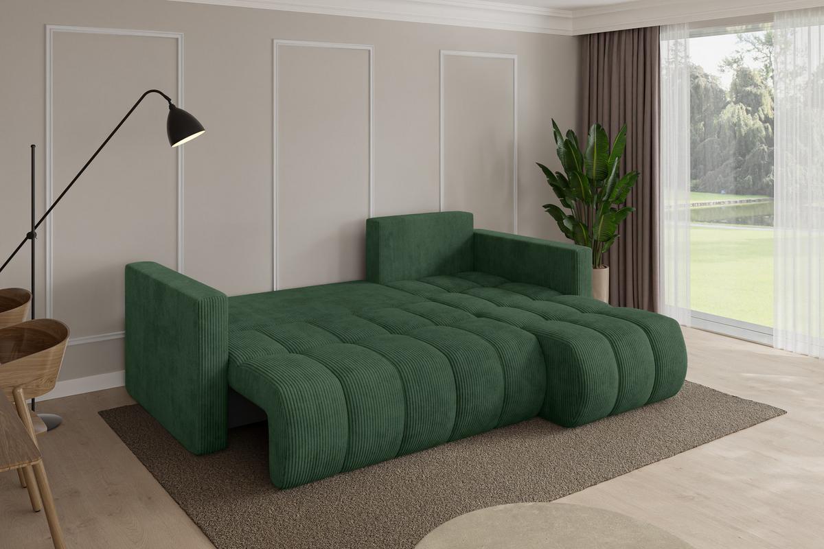 ECKSOFA mit Schlaffunktion Ottomane Rechts GARD-L 226x146x85 Grün Cord - Dunkelgrün/Schwarz, Holzwerkstoff/Kunststoff (226/146cm) - ALTDECOR